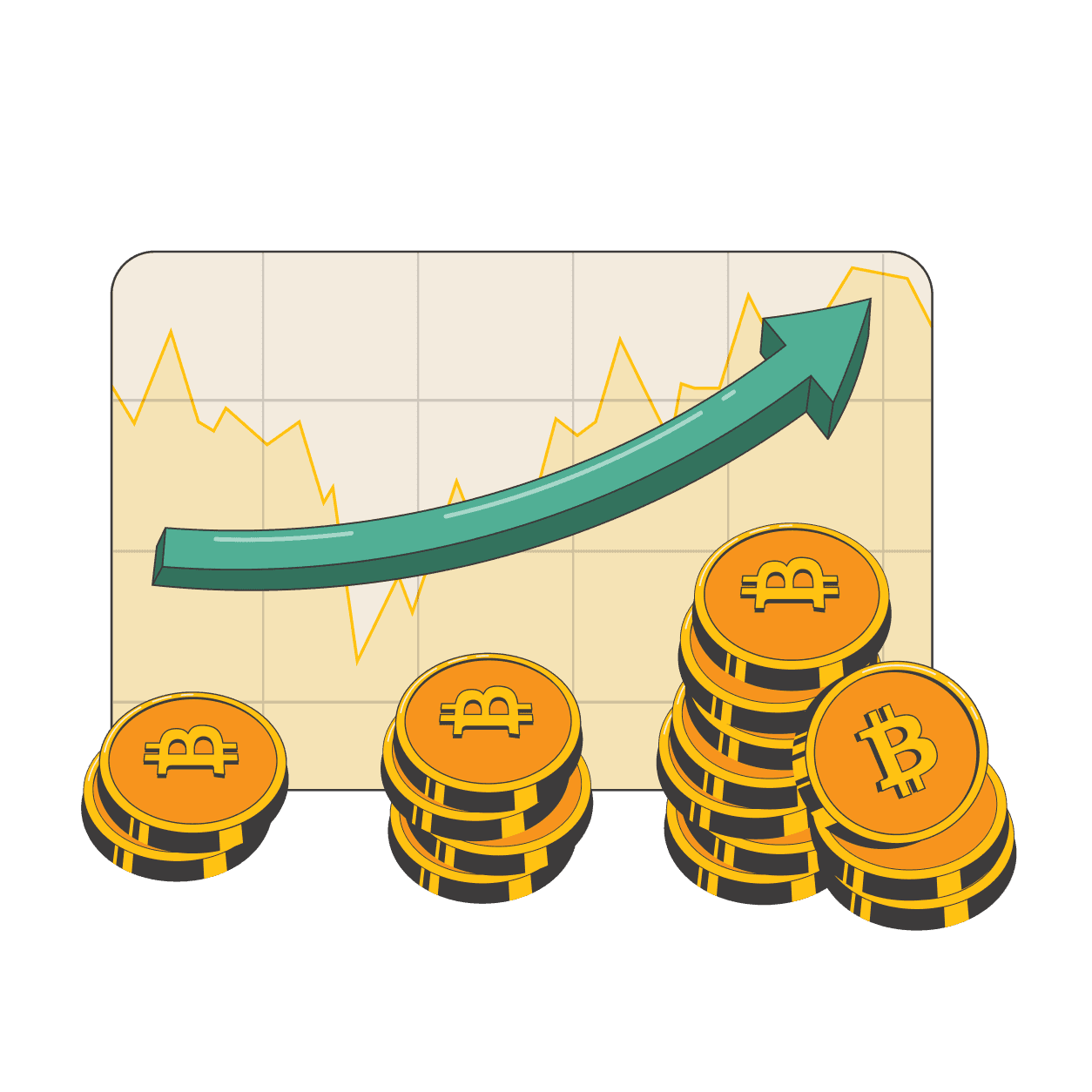 illustration of a bitcoin price going up with bitcoins all around